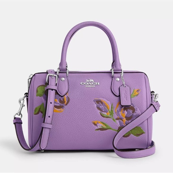 NWT Coach Rowan Satchel With Rose Print/ Refined Pebble Leather/Purple - Picture 5 of 10